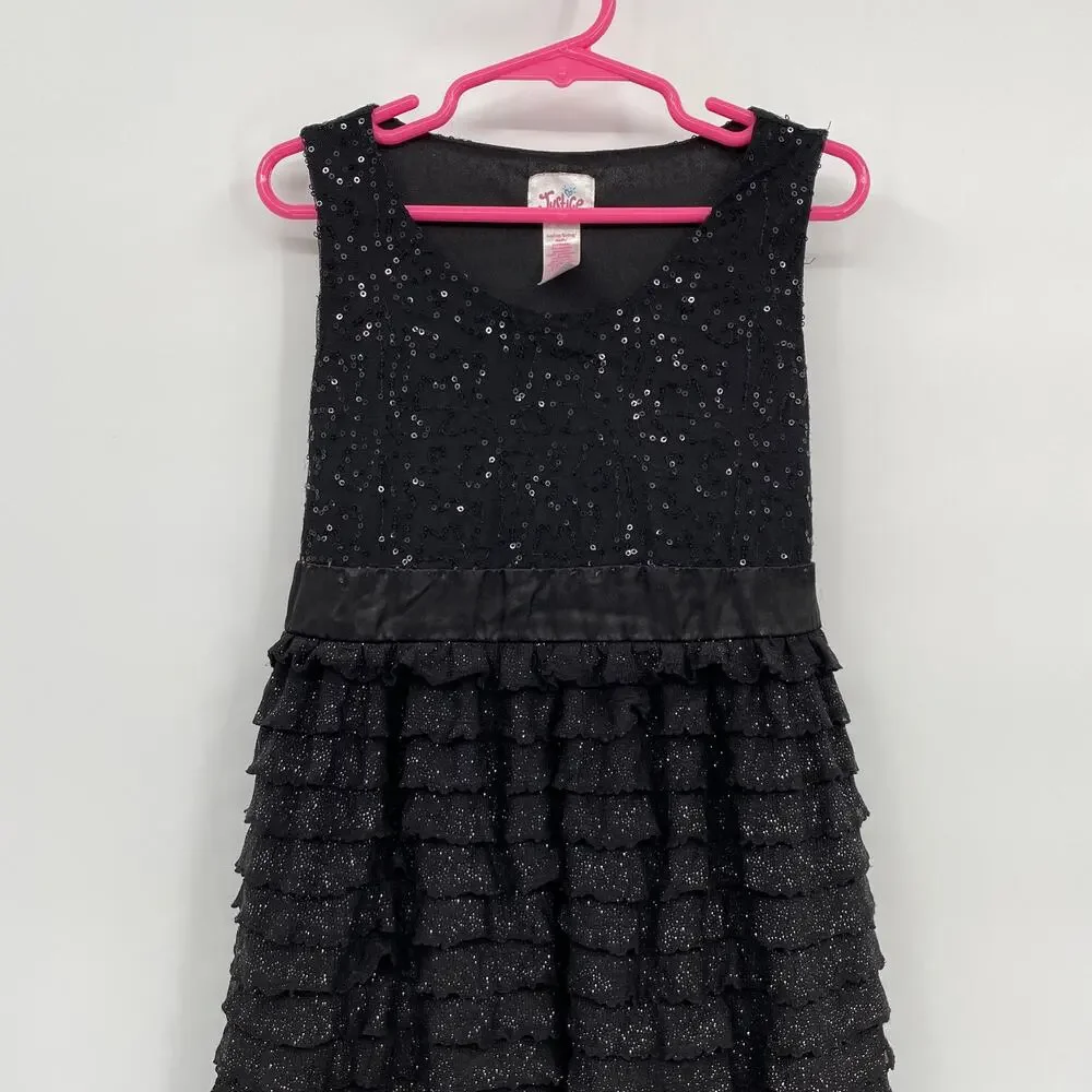 Justice Sleeveless Tank Dress Black Sequin Ruffles Fit & Flare Tie Back size 8